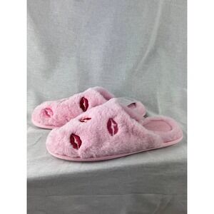 Auden Womens Pink Faux Fur Lip Print Slippers Scuff Slides Size M 7-8 NEW